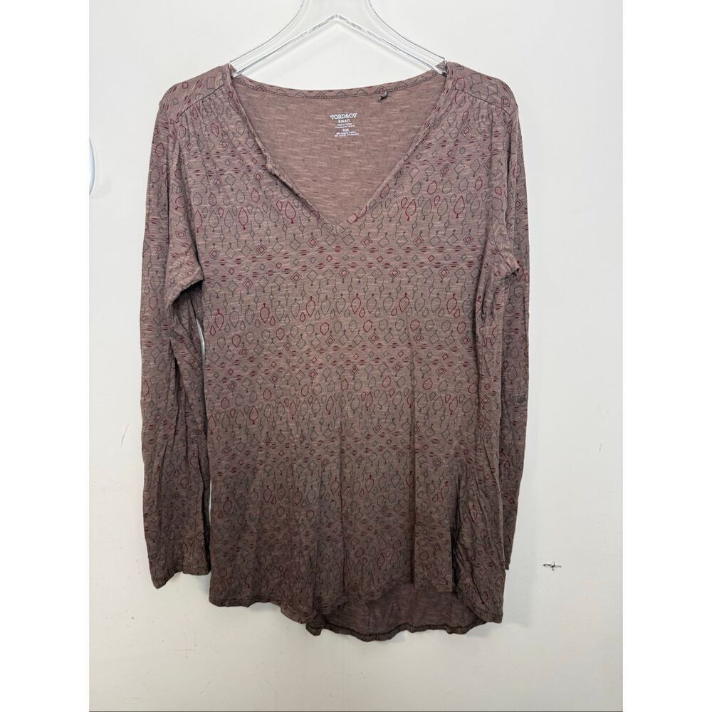 Toad&Co Brown Geometric V Neck Tunic Top Organic Cotton Tencel Women’s Small Boh